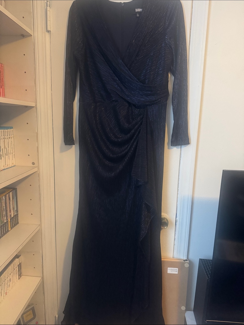 Metallic Navy Long-Sleeve Wrap Evening Gown